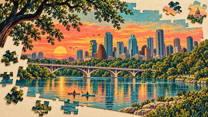 Austin skyline and river illustrated as a jigsaw puzzle
