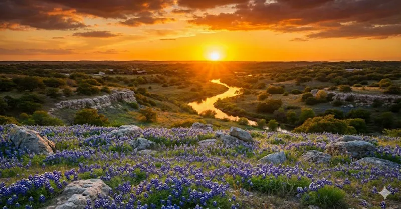 Bluebonnets and a river at sunset in the Texas Hill Country