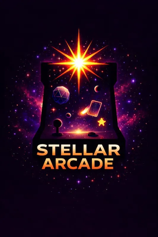Stellar Arcade logo with an arcade cabinet against a starfield